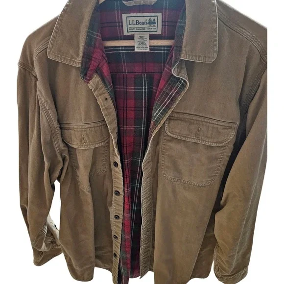 Vtg LL Bean Flannel Lined Canvas Shirt Jacket Mens LTan Khaki Plaid Lining - Picture 2 of 8